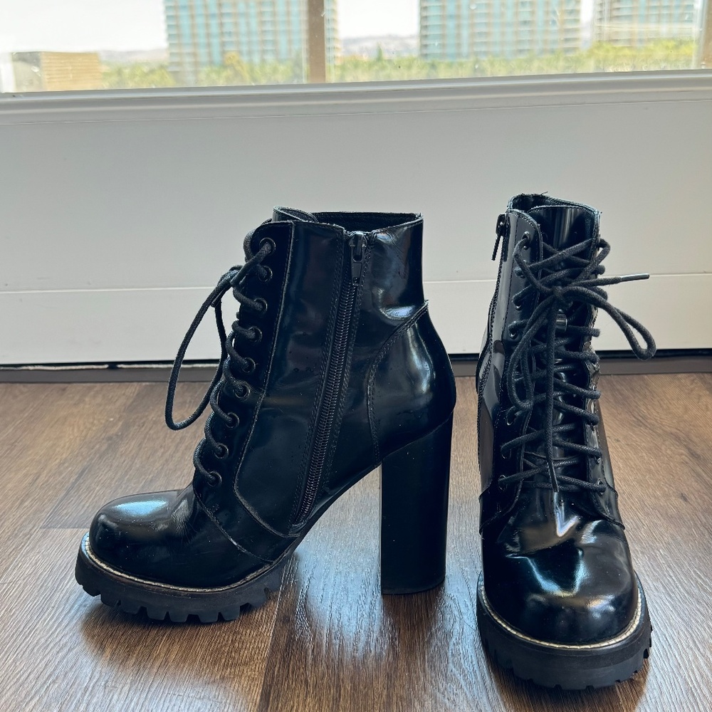 Jeffrey Campbell Black Box Leather Platform Chunky Lace Up Ankle Boots